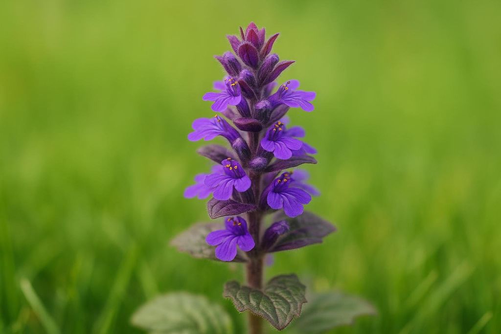 A close-up shot of a vibrant purple Ajuga flower stalk, also known as bugleweed or carpet bugle, blooming vertically against a soft, out-of-focus green background of grass.