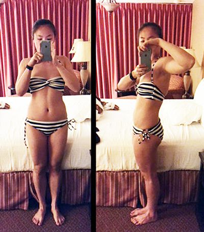 A woman in a striped bikini poses for a mirror selfie, showing a before (front view) and after (side view) progress photo.