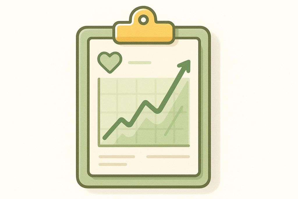 An illustration of a green clipboard displaying a progress chart. The chart features a green line graph with an upward arrow indicating positive progress, and a heart icon at the top left. The clipboard has an outline style and a textured appearance.