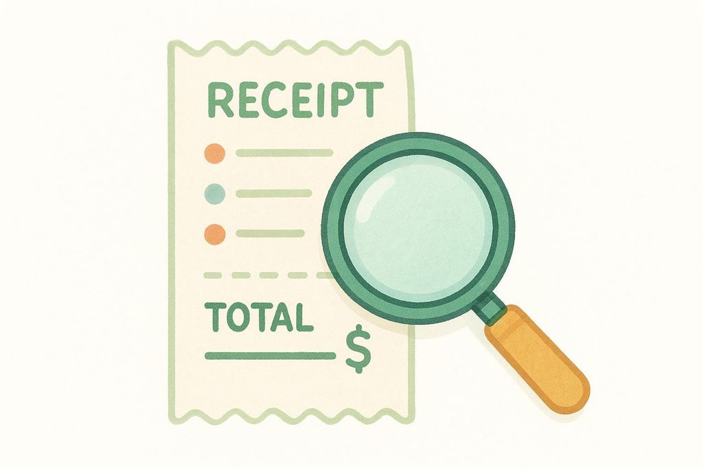 An illustration depicting a receipt with 'RECEIPT' and 'TOTAL $' written on it, being examined by a green magnifying glass with a wooden handle. The receipt has bullet points representing line items.