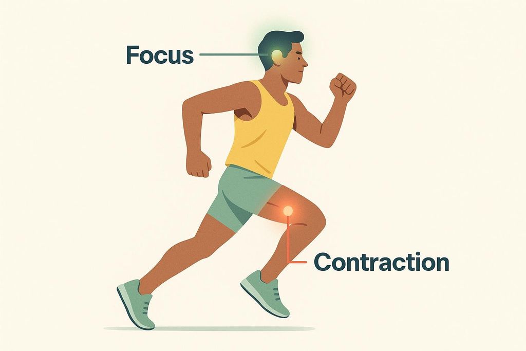 A diagram illustrating how choline aids athletic performance, showing a runner with arrows pointing to the head for 'Focus' and the thigh for 'Contraction'.