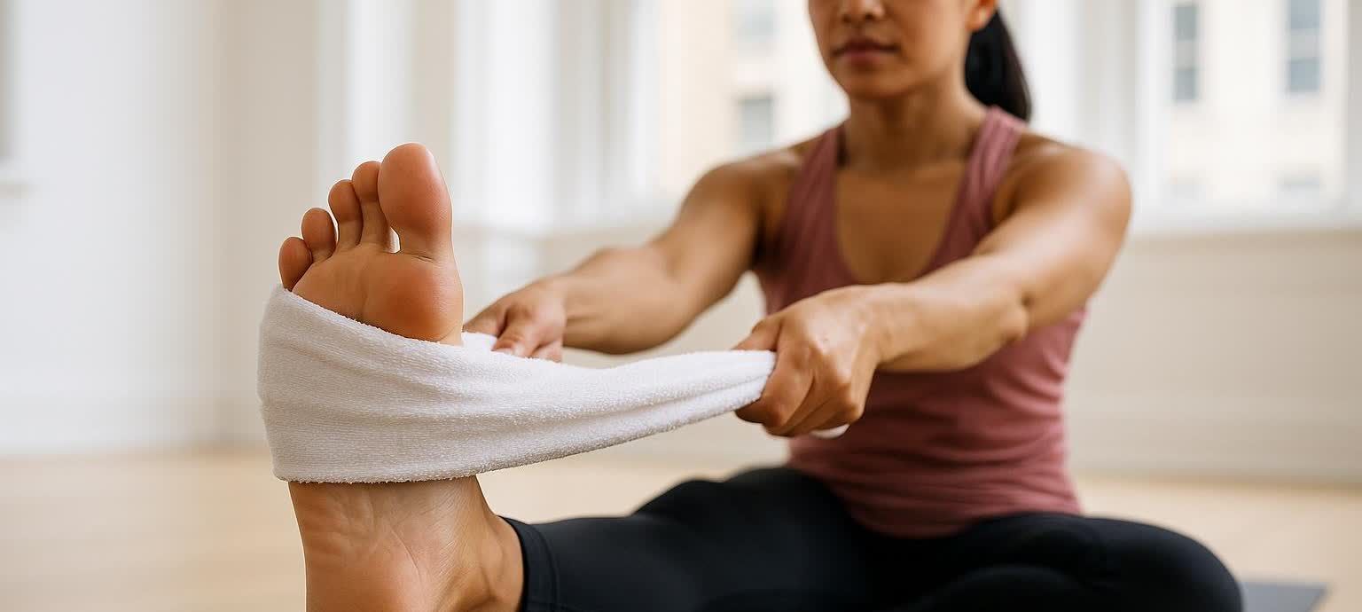 A person seated on the floor, stretching their foot by pulling back their toes with a white towel held in both hands, to relieve plantar fasciitis pain. The focus is on the foot and hands with the person's upper body slightly blurred in the background.