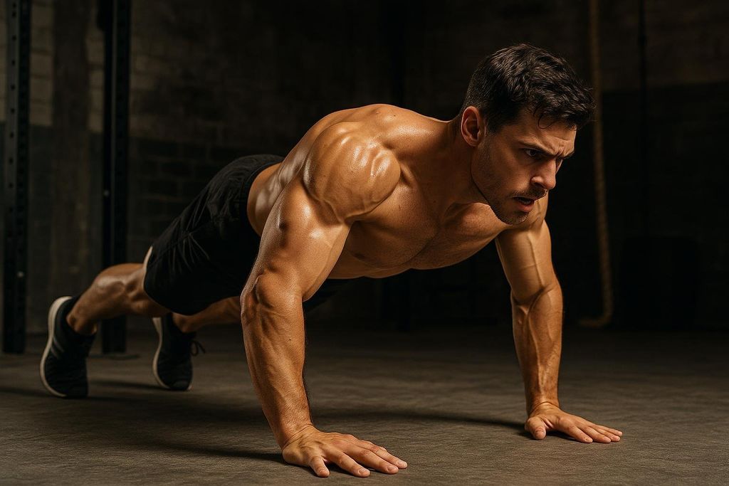 A muscular man performing a push-up in a dark gym, with a focused expression. He is shirtless and wearing dark shorts, showcasing his defined physique.