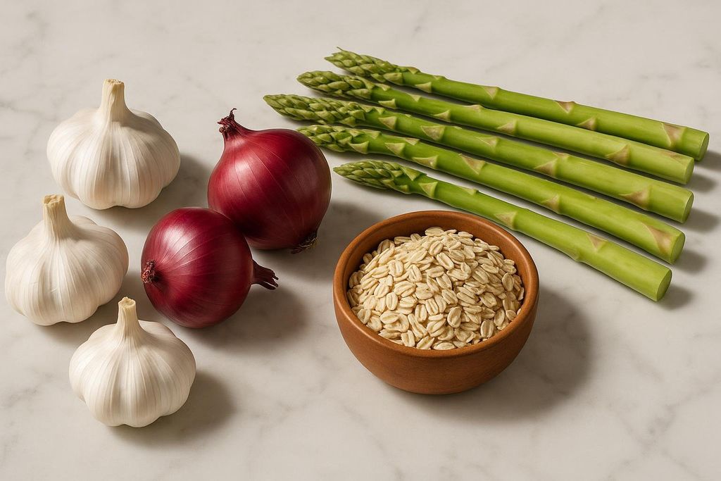 Prebiotic ingredients including three bulbs of garlic, two red onions, a bundle of fresh asparagus spears, and a small wooden bowl filled with rolled oats, all arranged on a white marble countertop.