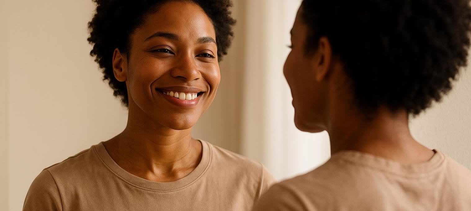 A smiling woman with short, curly dark hair gazes confidently at her reflection in a mirror, embodying self-care and positivity.