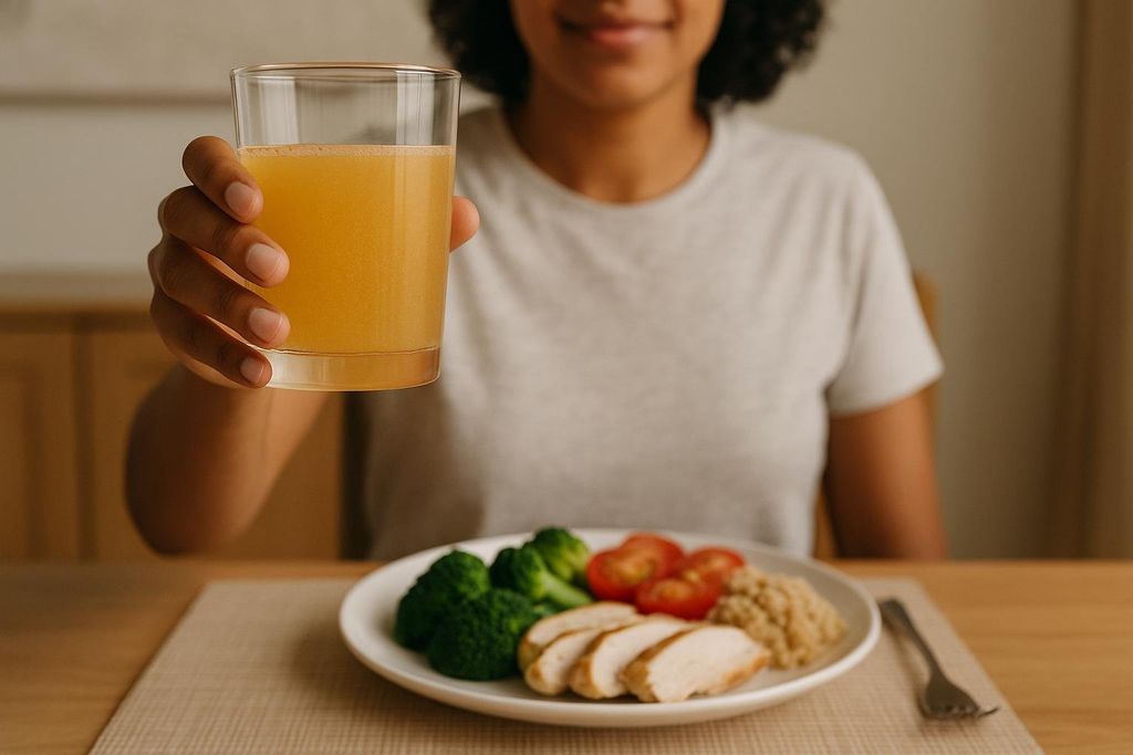 A person holding up a glass of a fiber supplement before eating a meal, symbolizing pre-meal timing for appetite control.