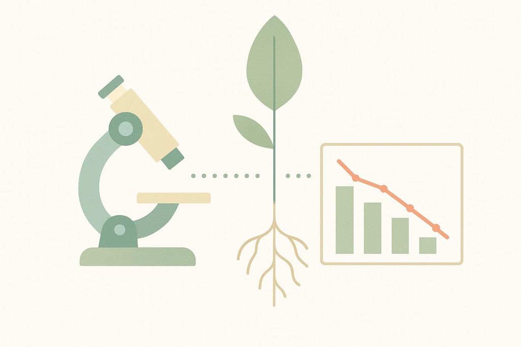 An abstract illustration depicting a microscope, a plant with visible roots, and a line graph showing a downward trend with decreasing bar heights. The elements suggest scientific observation of plant health and decline.