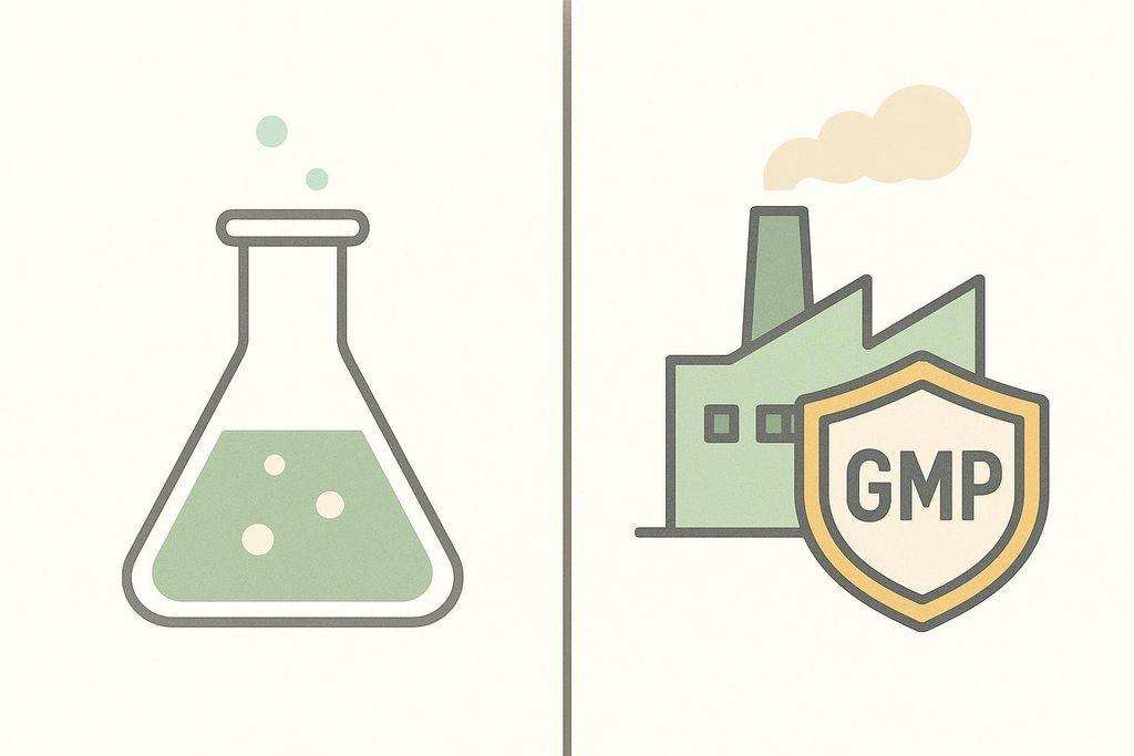 A split image with a research flask on the left and a factory with a 'GMP' shield on the right, illustrating different quality standards.