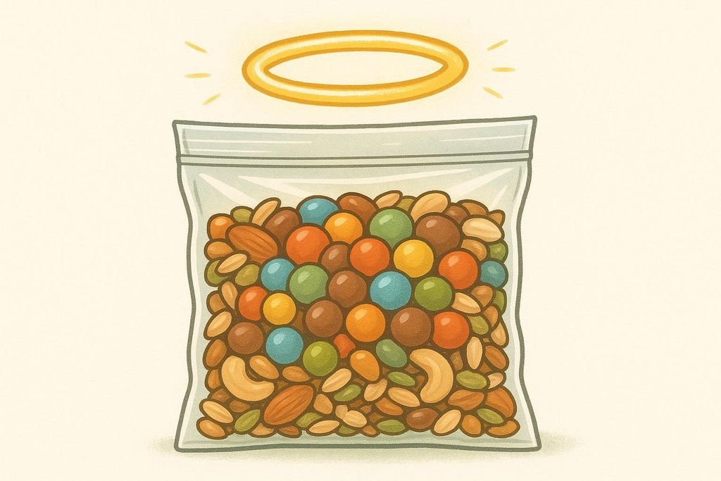 Illustration of a bag of trail mix with a glowing halo, symbolizing the misleading 'health halo' effect despite its high sugar and calorie content.