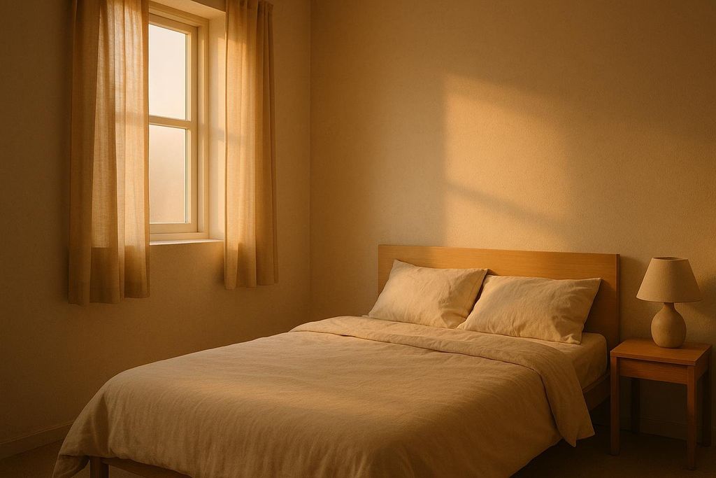 A peaceful, minimalist bedroom at sunrise, with soft, golden light streaming through a window with sheer curtains and illuminating a bed with light-colored linens and a simple bedside table with a lamp.