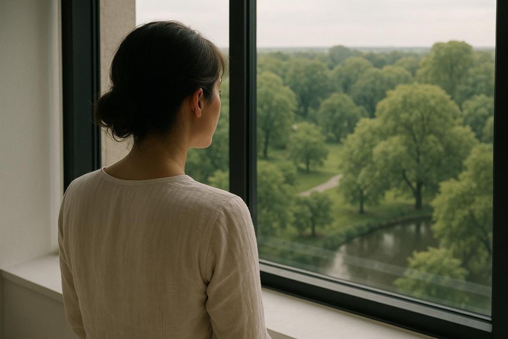 A woman with her back to the camera looks out of a large window at a park with numerous green trees, a path, and a small river or pond.