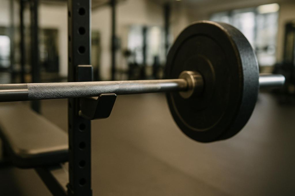 A close-up of a barbell with a weight plate resting in the J-hooks of a flat bench press rack in a gym. The background is blurred, showing other gym equipment.