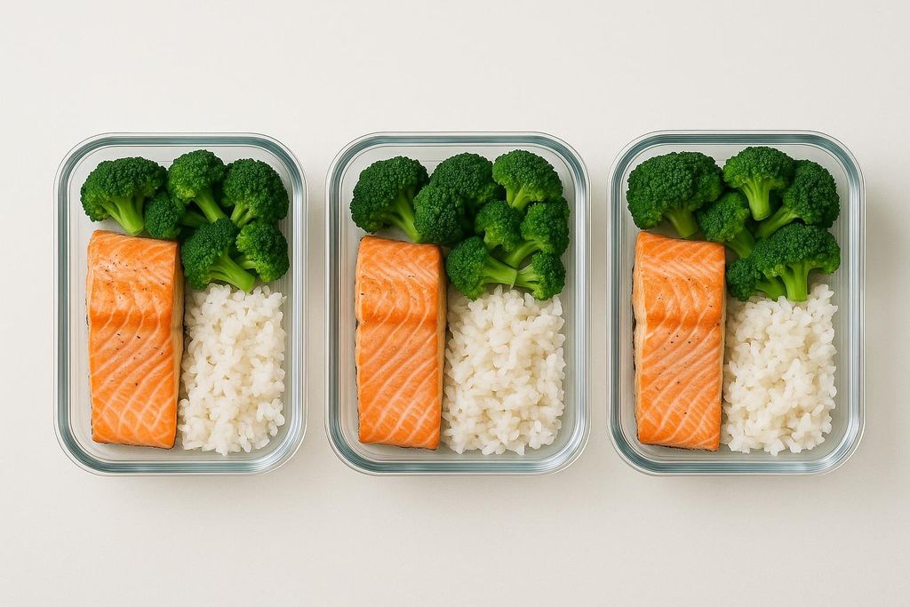 Three clear glass meal prep containers, each holding a portion of cooked salmon, white rice, and bright green broccoli florets. The containers are arranged neatly side-by-side on a light background, viewed from above.