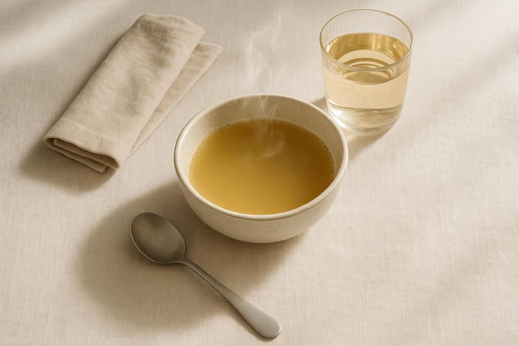 A steaming bowl of clear warm yellow-hued broth, a metal spoon, crumbled beige cloth napkin, and a glass of water on a minimal dining table.