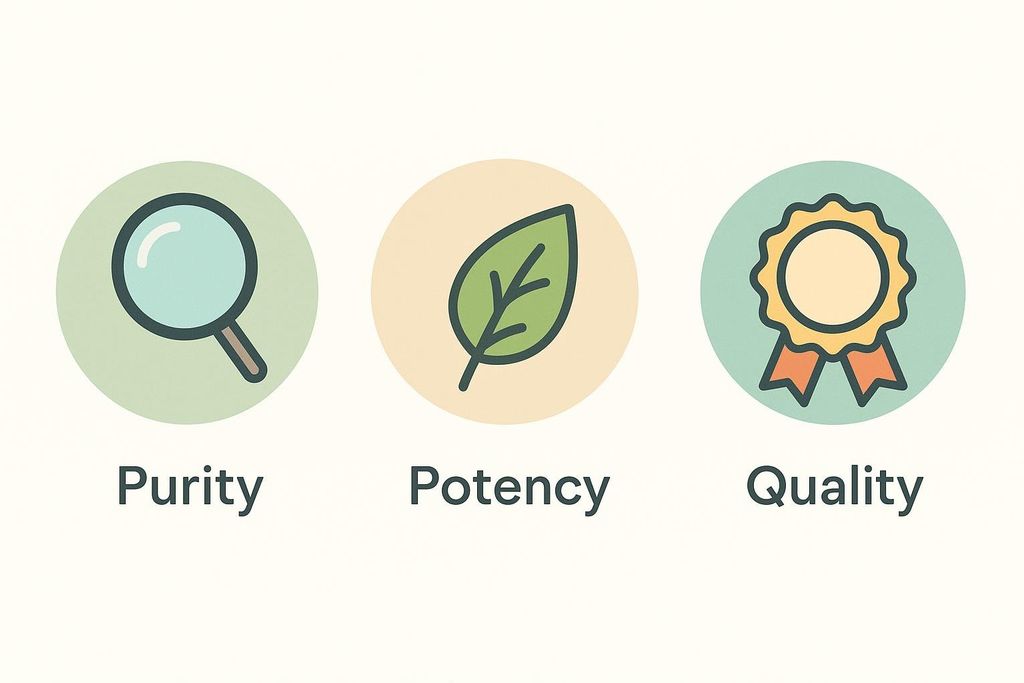 Three circular icons with words below them on a light background. From left to right: a magnifying glass icon above 'Purity', a leaf icon above 'Potency', and a ribbon award icon above 'Quality'.