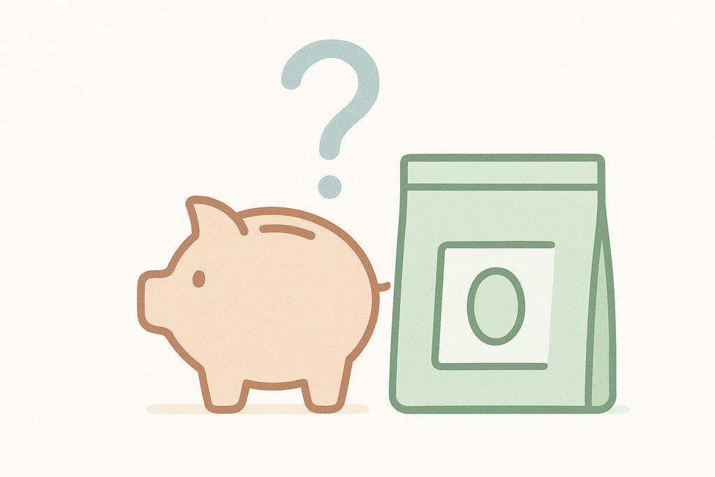 Illustration of a piggy bank with a question mark and a green supplement pouch, symbolizing a question about the cost of the supplement.