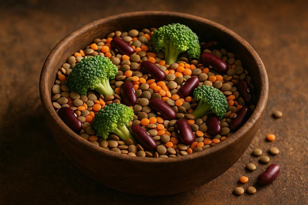 A wooden bowl filled with a mixture of green lentils, orange lentils, dark red kidney beans, and small florets of broccoli. Some spilled lentils and kidney beans are visible on the brown surface next to the bowl.