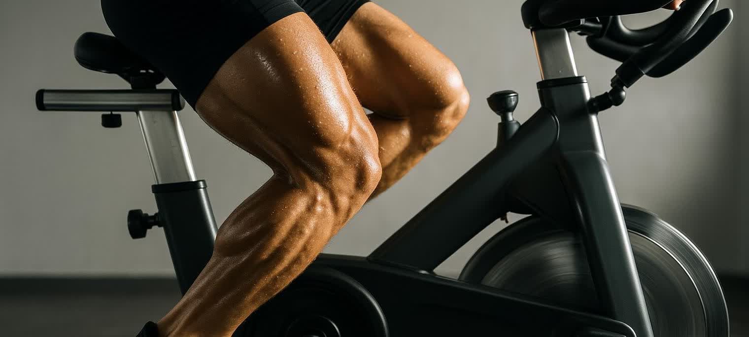 Close-up action shot of a person's toned, sweaty legs powering the pedals of a stationary bike, with sweat visible on their skin and motion blur indicating a fast-paced workout.
