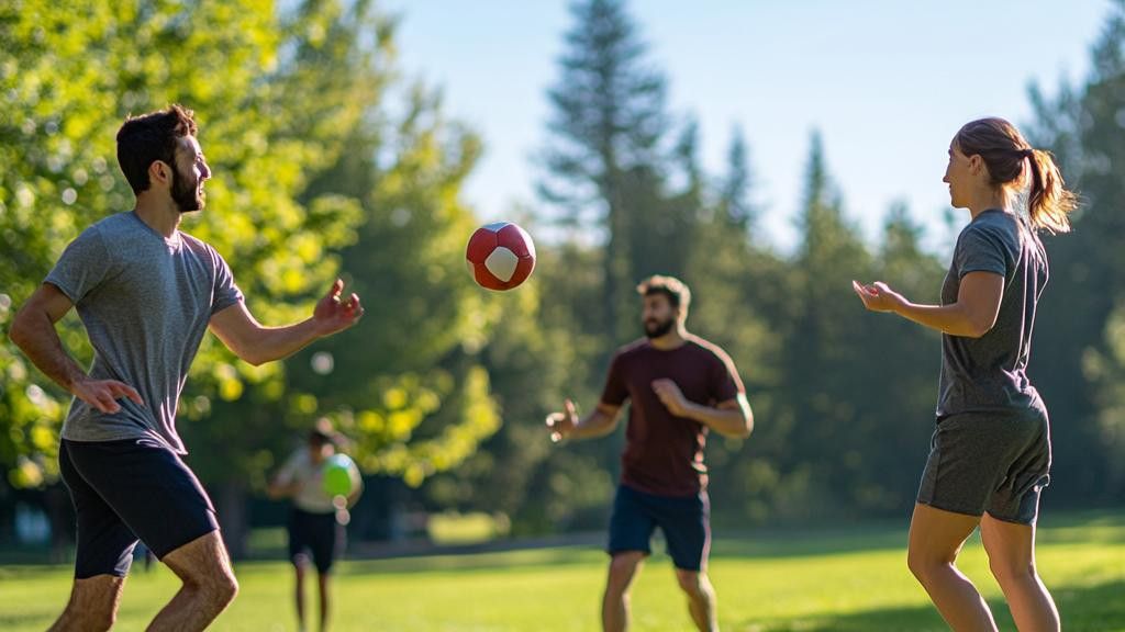 A group of people are playing soccer in a park on a sunny day.