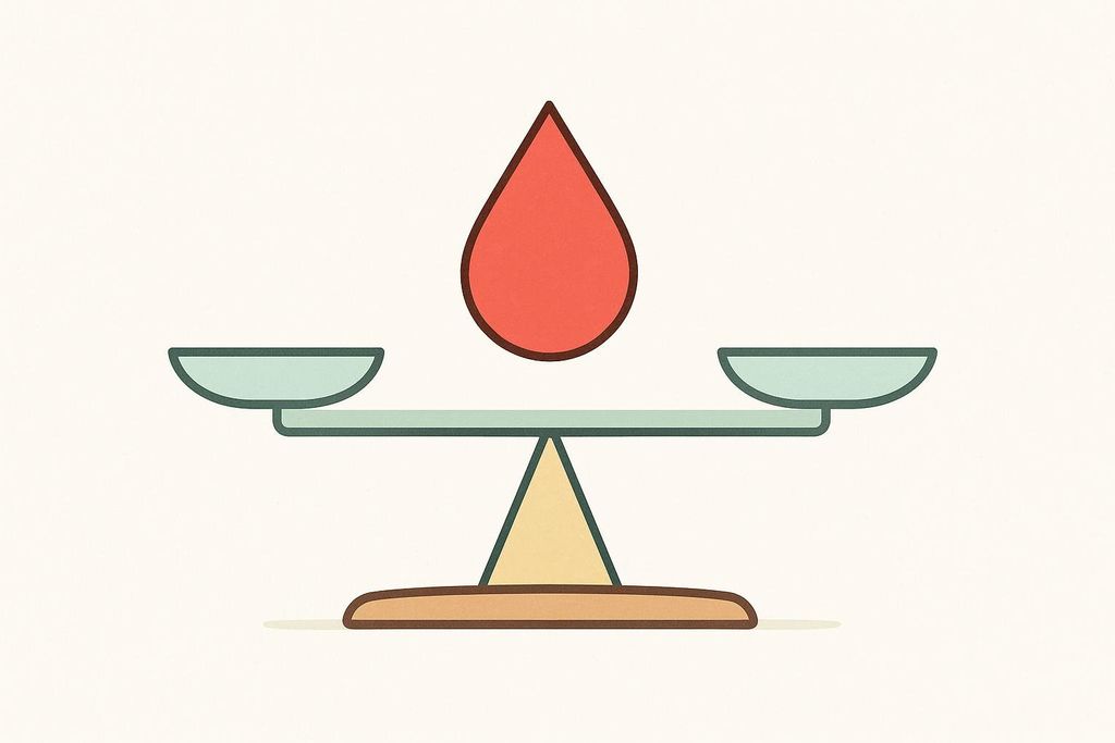 An illustration of a perfectly balanced scale with a single red blood drop suspended directly above the center fulcrum, symbolizing balance or regulated blood levels.