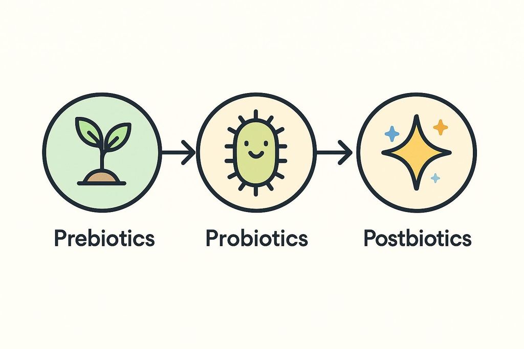 A clear, three-step diagram illustrating Prebiotics, Probiotics, and Postbiotics with corresponding icons: a plant sprout for Prebiotics, a green bacterium for Probiotics, and a shining star for Postbiotics, connected by arrows.