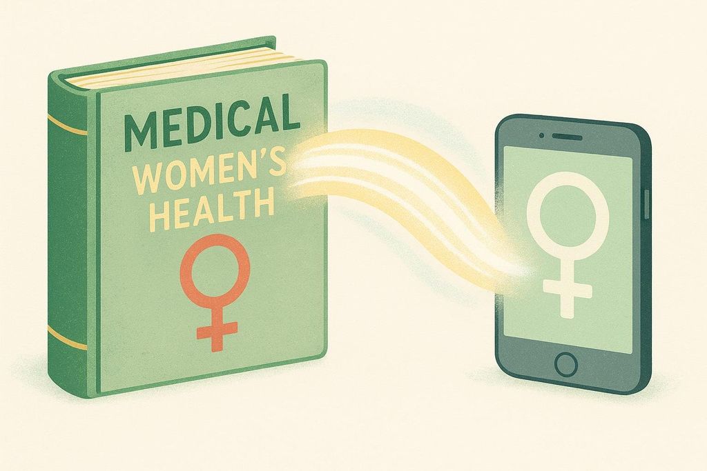 An illustration showing a green book titled 'Medical Women's Health' with a female gender symbol on its cover, connected by glowing light to a smartphone displaying the same female gender symbol. This symbolizes the evolution and digitization of women's health information from traditional books to modern technology, or bridging research gaps in women's health.