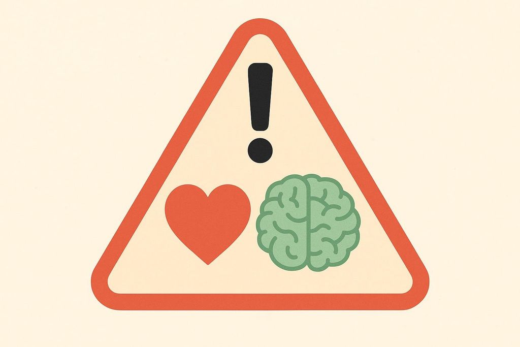 A red warning sign with a white background containing a black exclamation mark above a red heart and a green brain, symbolizing potential risks to the heart and brain.