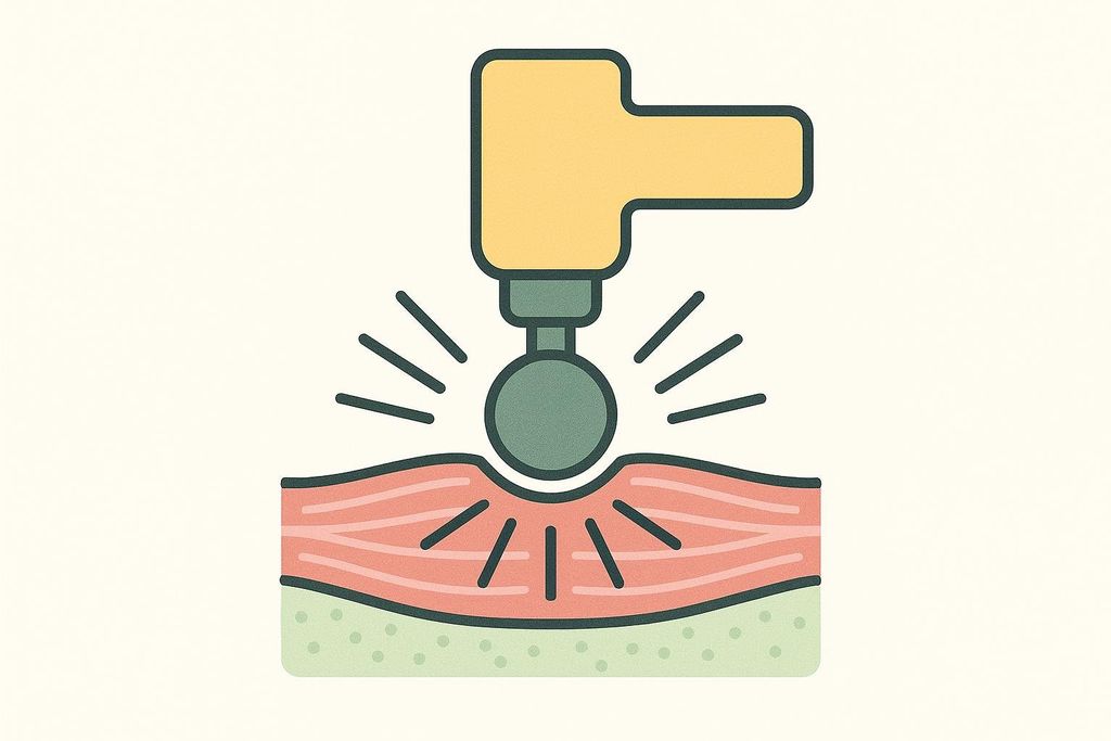 Diagram illustrating how percussive therapy from a massage gun works on a muscle, showing the device applying pressure to red muscle tissue above a green layer.