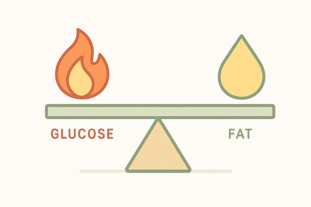 A seesaw is balanced, with a flame icon and the word 'GLUCOSE' on the left side, and a fat droplet icon and the word 'FAT' on the right side. This illustrates balance between burning glucose and fat.