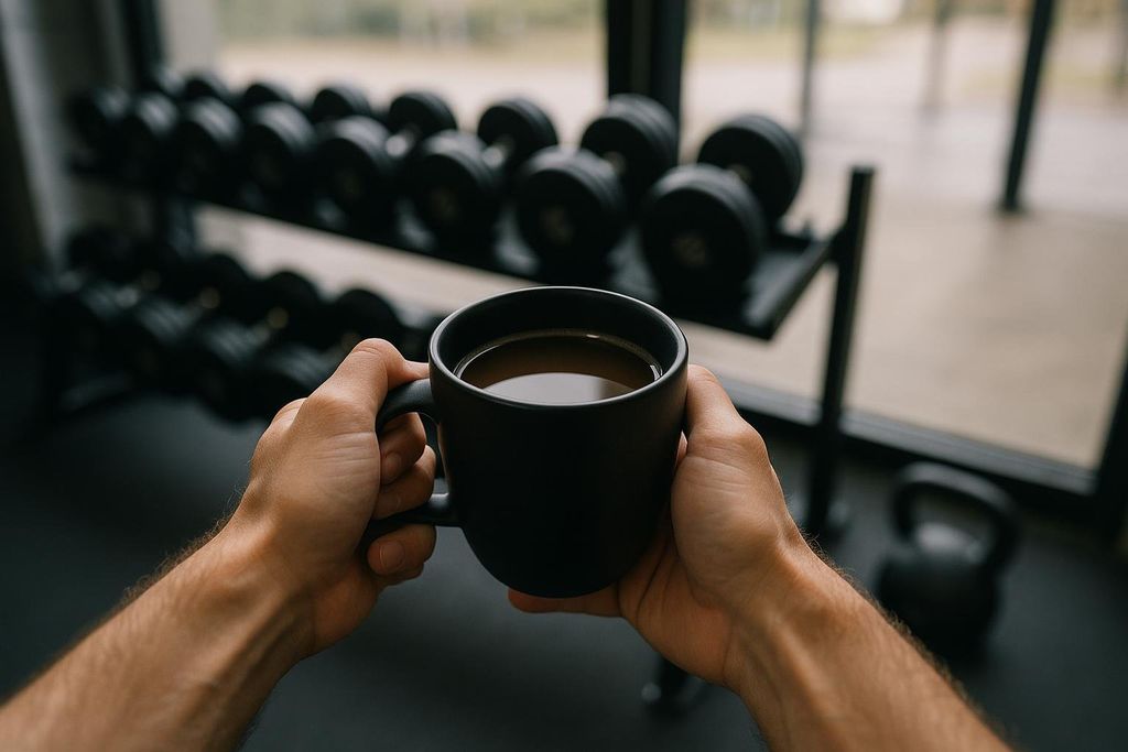 A close-up, first-person view of a person holding a black coffee cup with both hands, with blurred dumbbells and a gym setting in the background, suggesting a pre-workout routine.