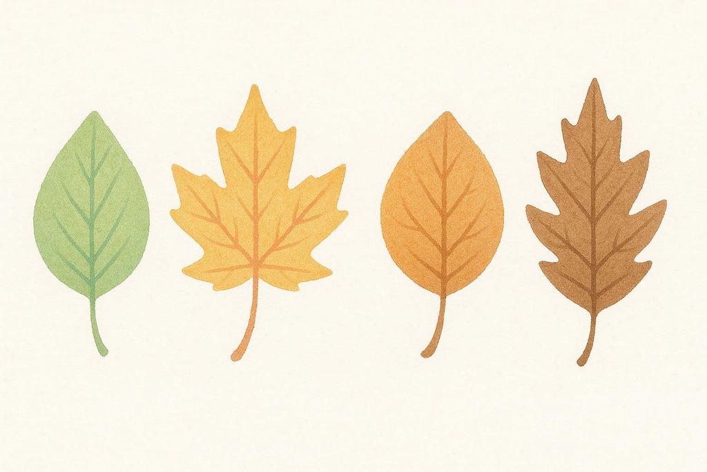 Four stylized leaves illustrating seasonal changes, from green to yellow, then two shades of brown, symbolizing the passage of time.
