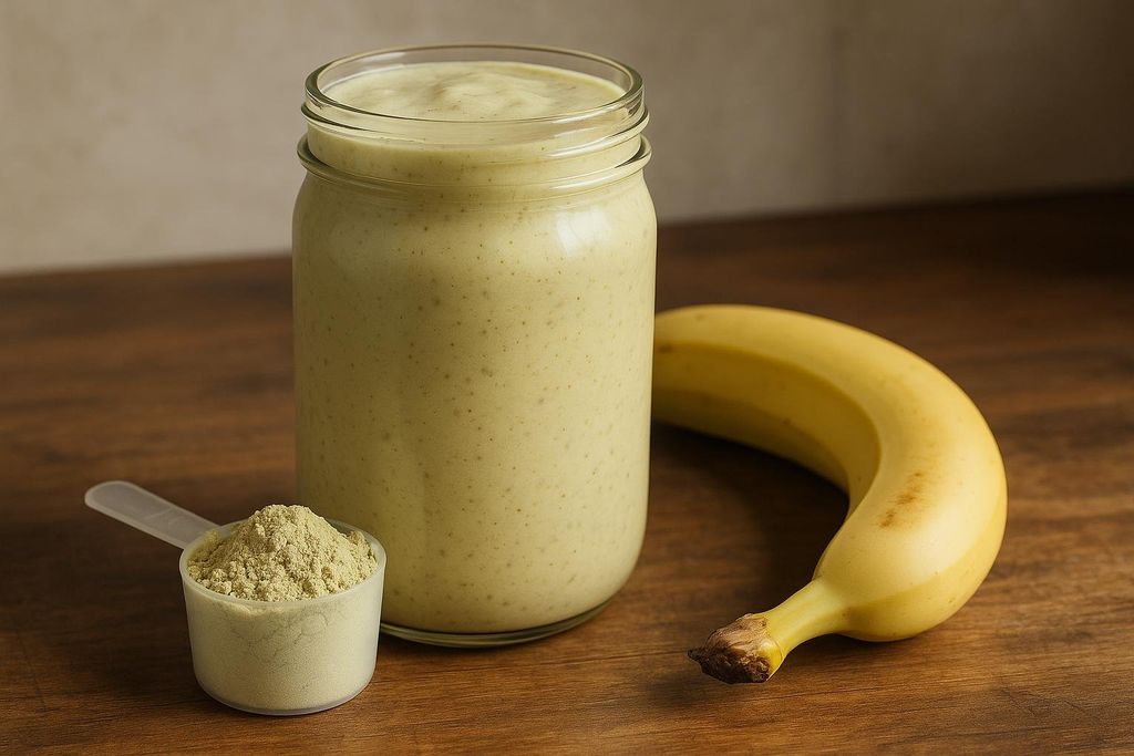 A beige-green smoothie in a glass jar, a scoop of plant protein powder, and a ripe banana on a wooden surface.