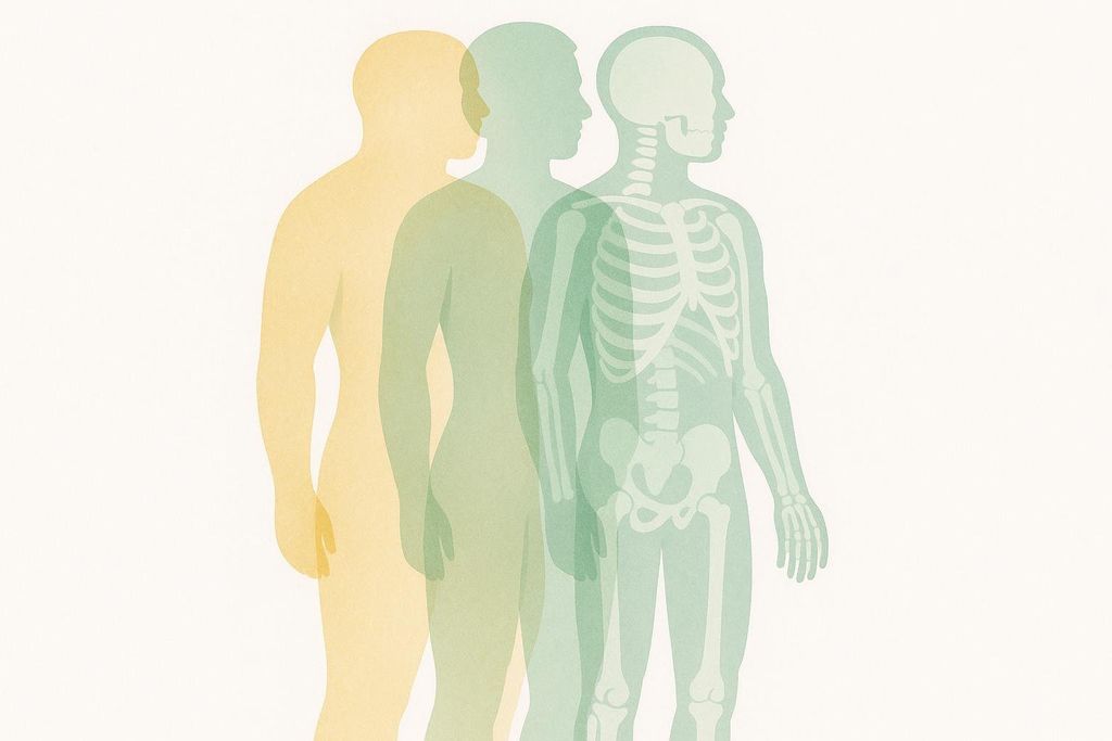 An abstract illustration depicting the layers of the human body in translucent profiles: a yellow outer layer for fat, a green middle layer for lean mass, and a light green skeleton representing bone, illustrating body composition analysis.