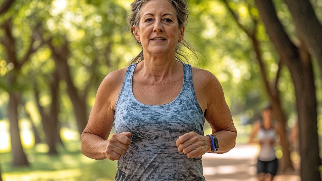 An older woman runs in a park with trees and other runners in the background.