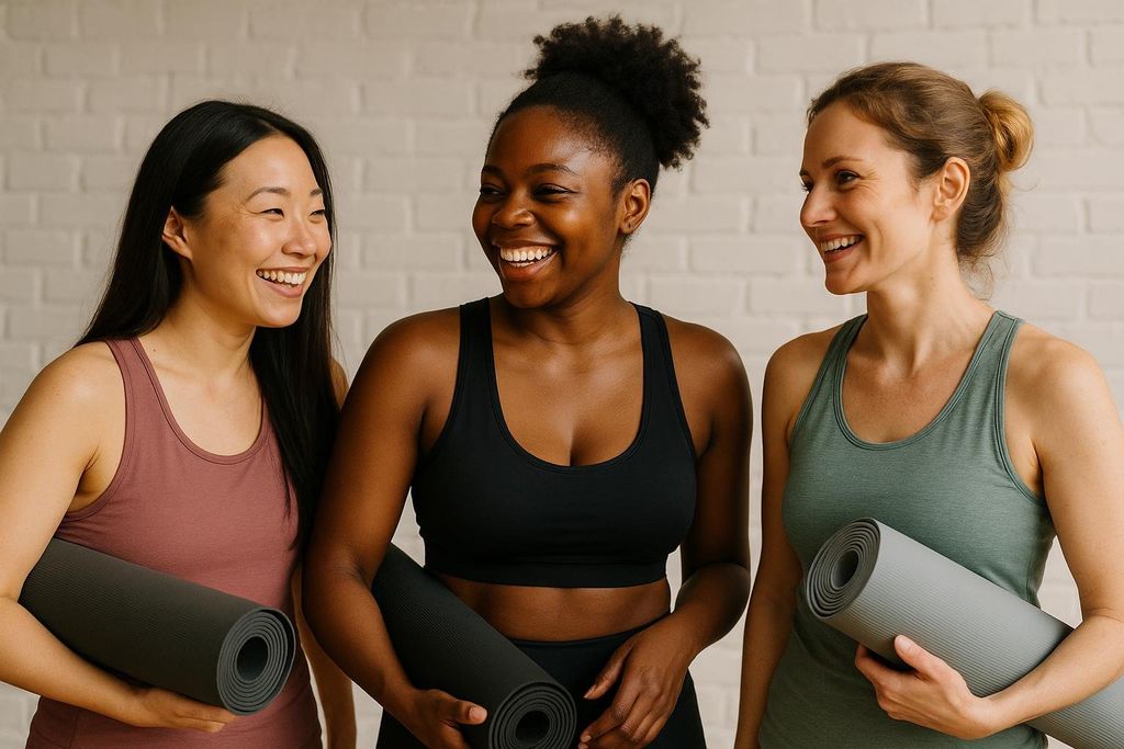 Three diverse women, an East Asian woman, a Black woman, and a white woman, smiling and laughing together while holding yoga mats. They are dressed in athletic wear and standing against a white brick wall.