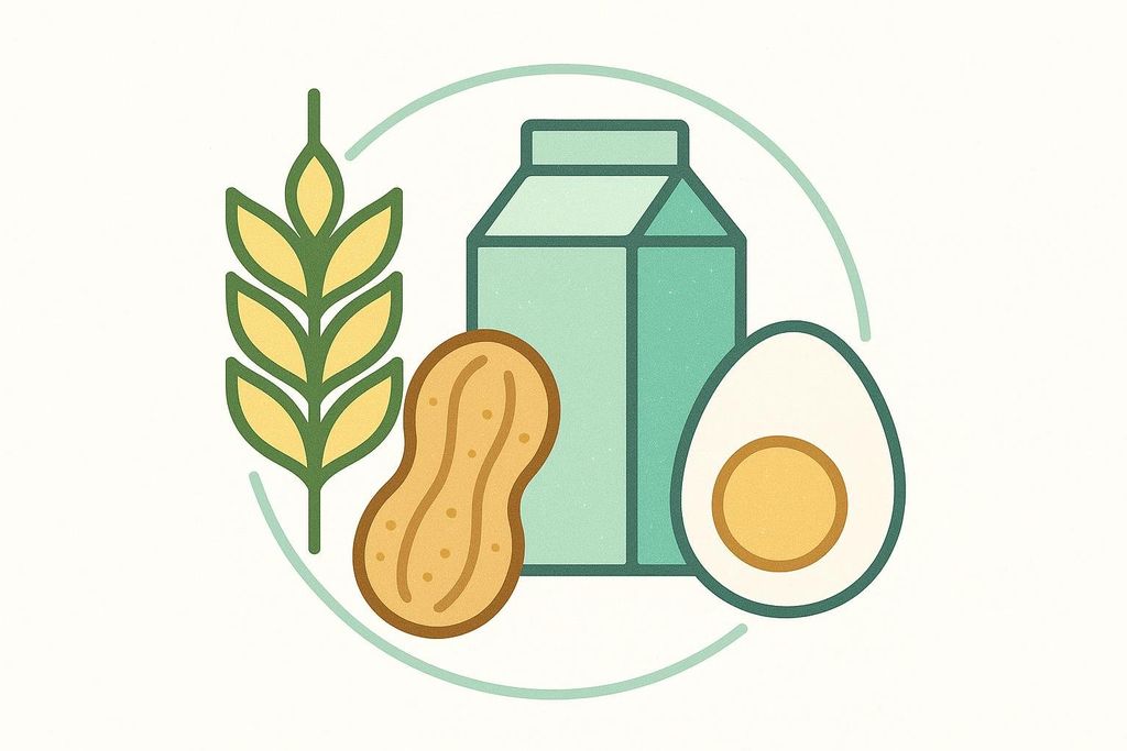 An illustration featuring icons of a wheat stalk, a peanut, a milk carton, and a hard-boiled egg, all commonly associated with food allergies, enclosed within a circular border.