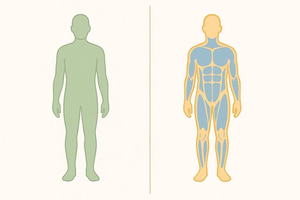 A diagram comparing a simple green human silhouette to a detailed human silhouette showing blue muscle areas outlined in yellow, illustrating the difference between overall weight and body composition.
