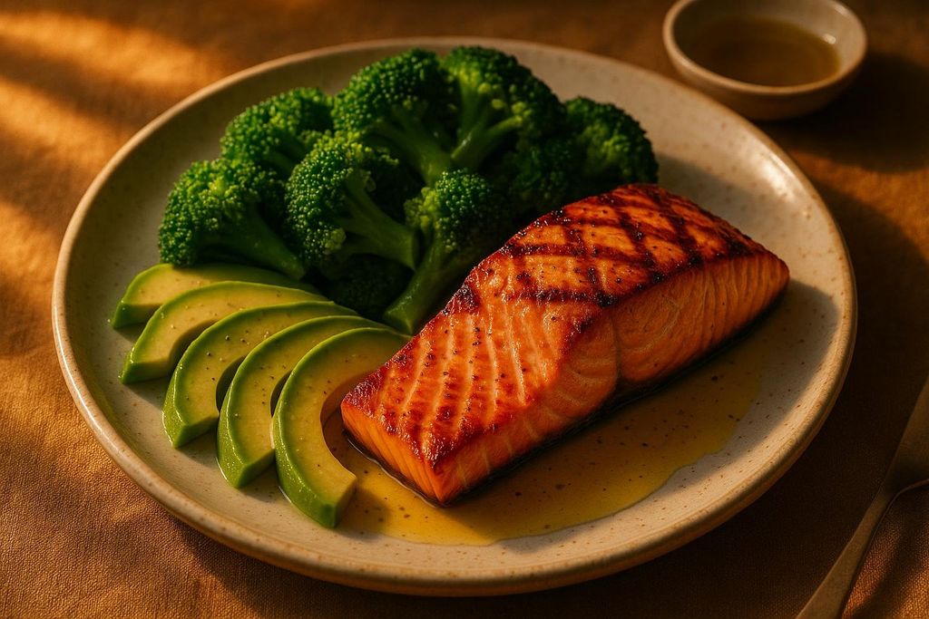 A close-up of a dinner plate featuring a perfectly grilled salmon fillet with distinct grill marks, accompanied by bright green steamed broccoli florets and several slices of fresh avocado. A light sauce pools around the salmon.