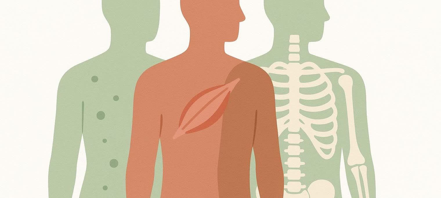 An abstract illustration depicting three overlapping human silhouettes. The leftmost figure is light green and covered in circular spots, representing fat. The central figure is reddish-brown with a visible muscle highlighted on its back. The rightmost figure is a lighter green, revealing a stylized skeleton within. The image represents the layers of muscle, bone, and fat in the human body.