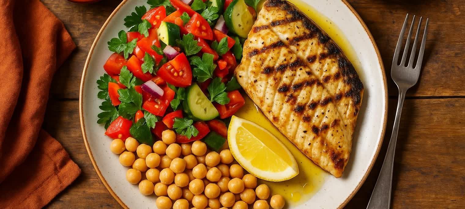 A colorful Mediterranean meal on a plate featuring a grilled fish fillet with grill marks, a fresh salad of diced tomatoes, cucumbers, red onions, and parsley, and cooked chickpeas. A lemon wedge and olive oil dressing are also visible on the white plate, set against a wooden background.