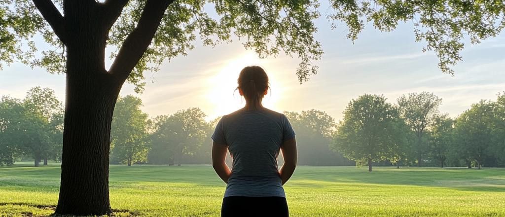 A woman, viewed from the back, stands in a grassy park and looks towards the rising sun over the trees.