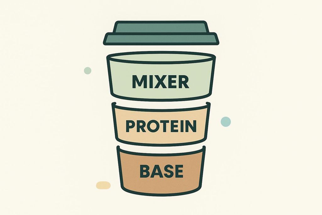 A stylized diagram of a protein coffee in a cup-like shape, showing three distinct layers labeled 'MIXER' at the top, 'PROTEIN' in the middle, and 'BASE' at the bottom. A lid is drawn above the top layer.