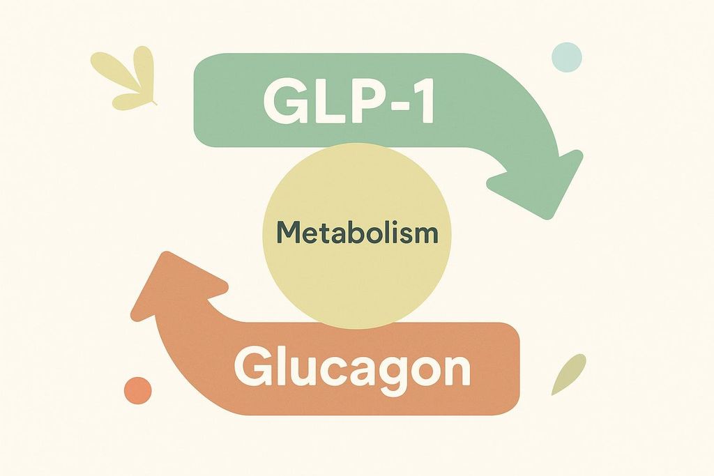 A diagram illustrating the relationship between GLP-1, Glucagon, and Metabolism. A green arrow labeled 'GLP-1' points towards a yellow circle labeled 'Metabolism' from above. An orange arrow labeled 'Glucagon' points towards the 'Metabolism' circle from below. This suggests that both GLP-1 and Glucagon influence Metabolism.