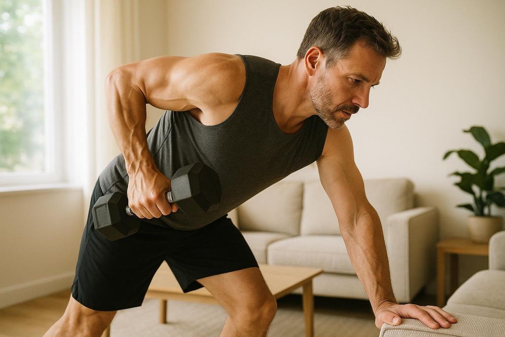 A man in his 40s wearing a grey tank top and black shorts performs a dumbbell row exercise in his living room, with one hand on a light-colored sofa.