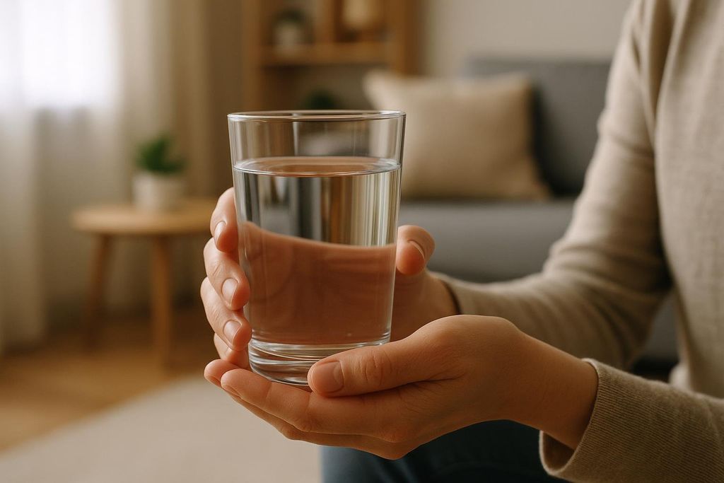Close-up of hands holding a clear glass filled with water in a blurred, warm-toned indoor setting, emphasizing hydration.