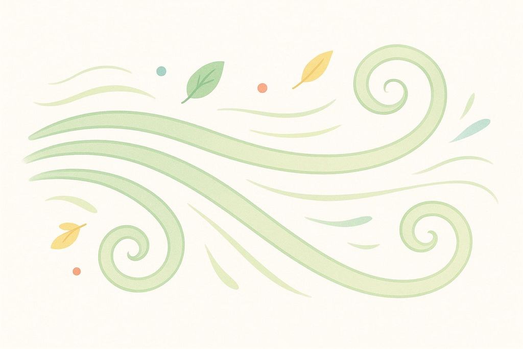 An abstract illustration depicting gentle wind or air currents. Broad, light green swirling lines indicate movement, accompanied by smaller green and yellow leaves and colorful dots, against a creamy white background.