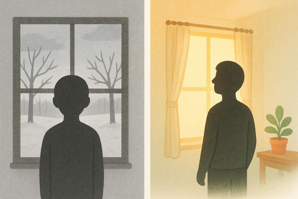 A two-panel illustration contrasting a gloomy winter morning with a morning brightened by a sunrise alarm. The left panel shows a person's silhouette facing a window with a snowy, bare-tree landscape under a grey sky. The right panel shows the same person's silhouette looking towards a window filled with warm, golden light, with light curtains and a potted plant on a small table.