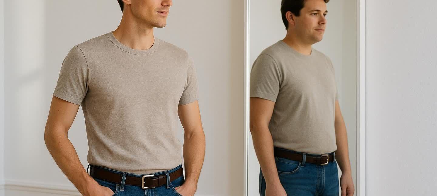 A split image shows a male model wearing a beige t-shirt and jeans. The left side shows him appearing lean, while the right side shows a reflection hinting at a 'skinny fat' physique.