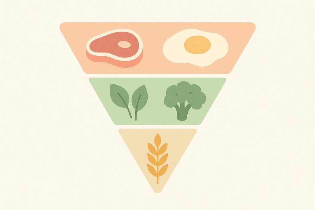 An inverted food pyramid showing a balanced diet. The top layer, the broadest, contains protein sources like a steak and a fried egg. The middle layer features vegetables such as spinach leaves and broccoli. The bottom layer, the narrowest, shows a wheat stalk, representing grains.