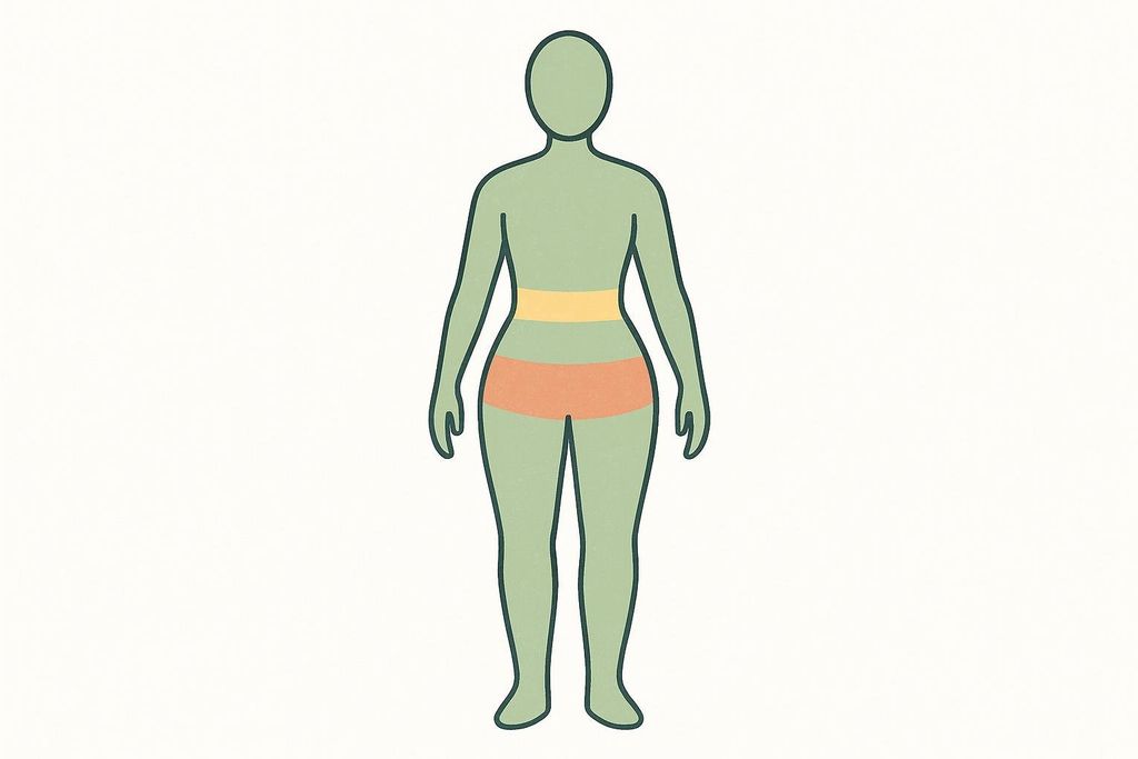 Stylized illustration highlighting waist and hip regions on a human silhouette, relevant to body measurements.